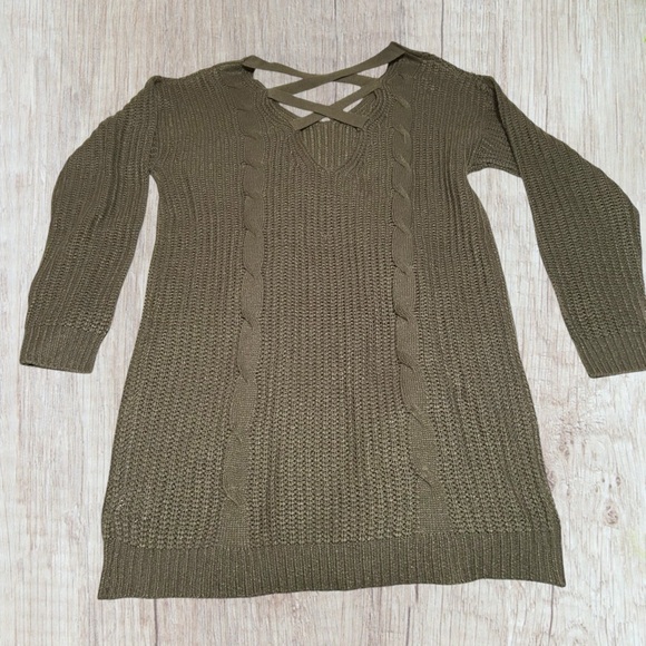 Extra Long V-Neck Sweater XL Stiletto Long Sleeves Olive Green Open Back - Picture 4 of 9